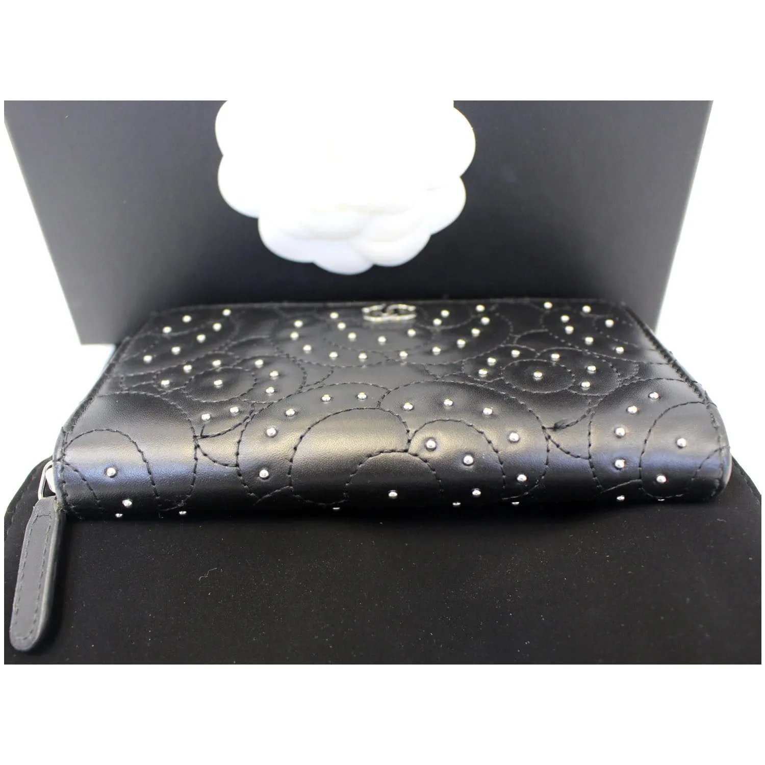 CHANEL Camellia Long Zippy studded Wallet Black