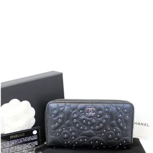 CHANEL Camellia Long Zippy studded Wallet Black