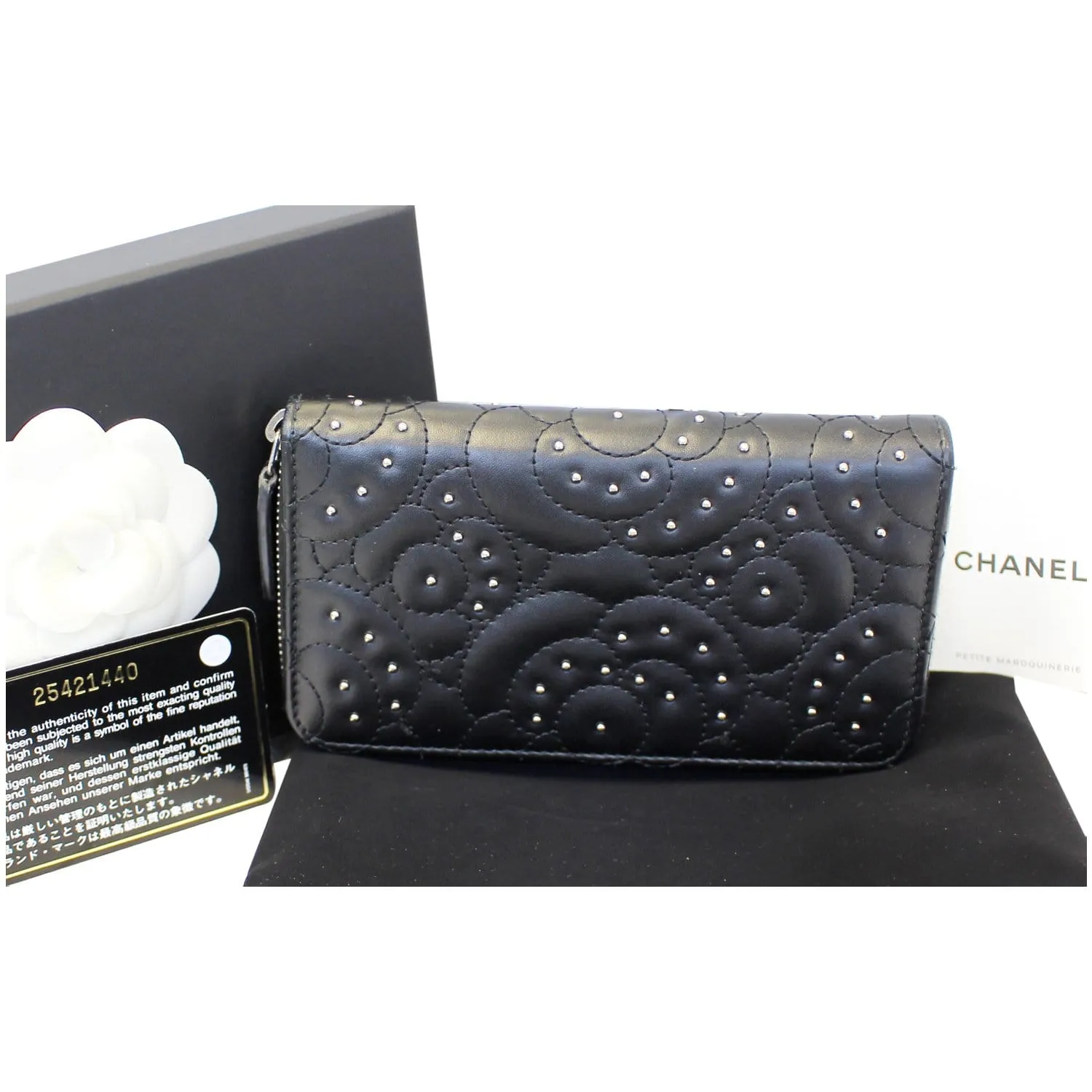 CHANEL Camellia Long Zippy studded Wallet Black
