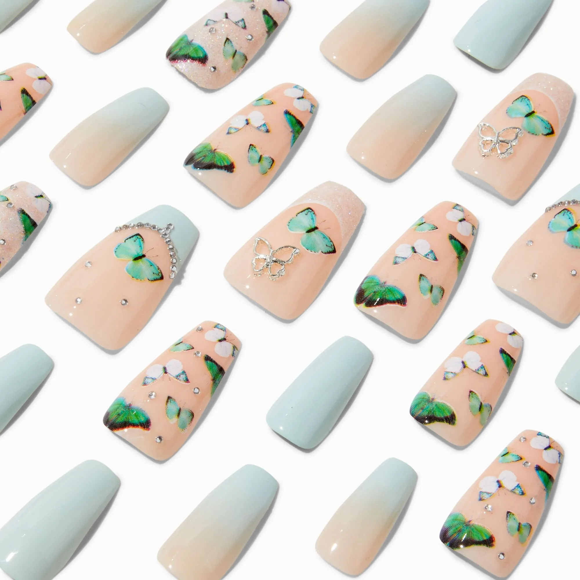 Claire's 3D Blue Butterfly French Tip Squareletto Vegan Faux Nail Set | 24 Pack