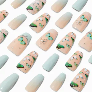Claire's 3D Blue Butterfly French Tip Squareletto Vegan Faux Nail Set | 24 Pack
