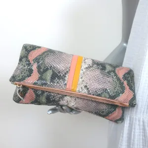 Clare V. Stripe Foldover Clutch Sage/Pink Snake-Embossed Leather
