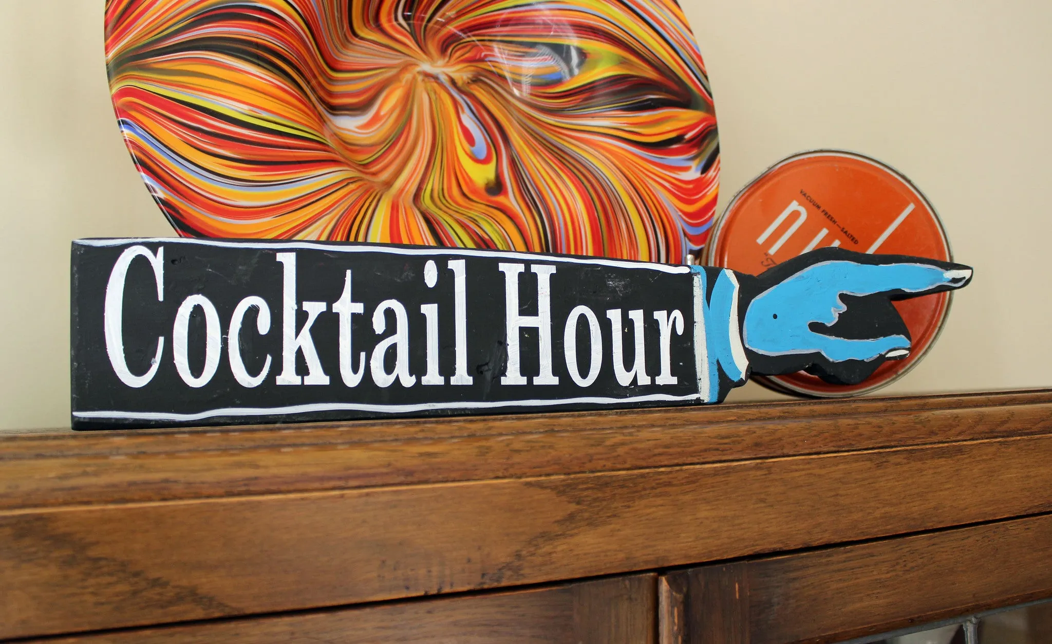cocktail hour wooden pointy sign