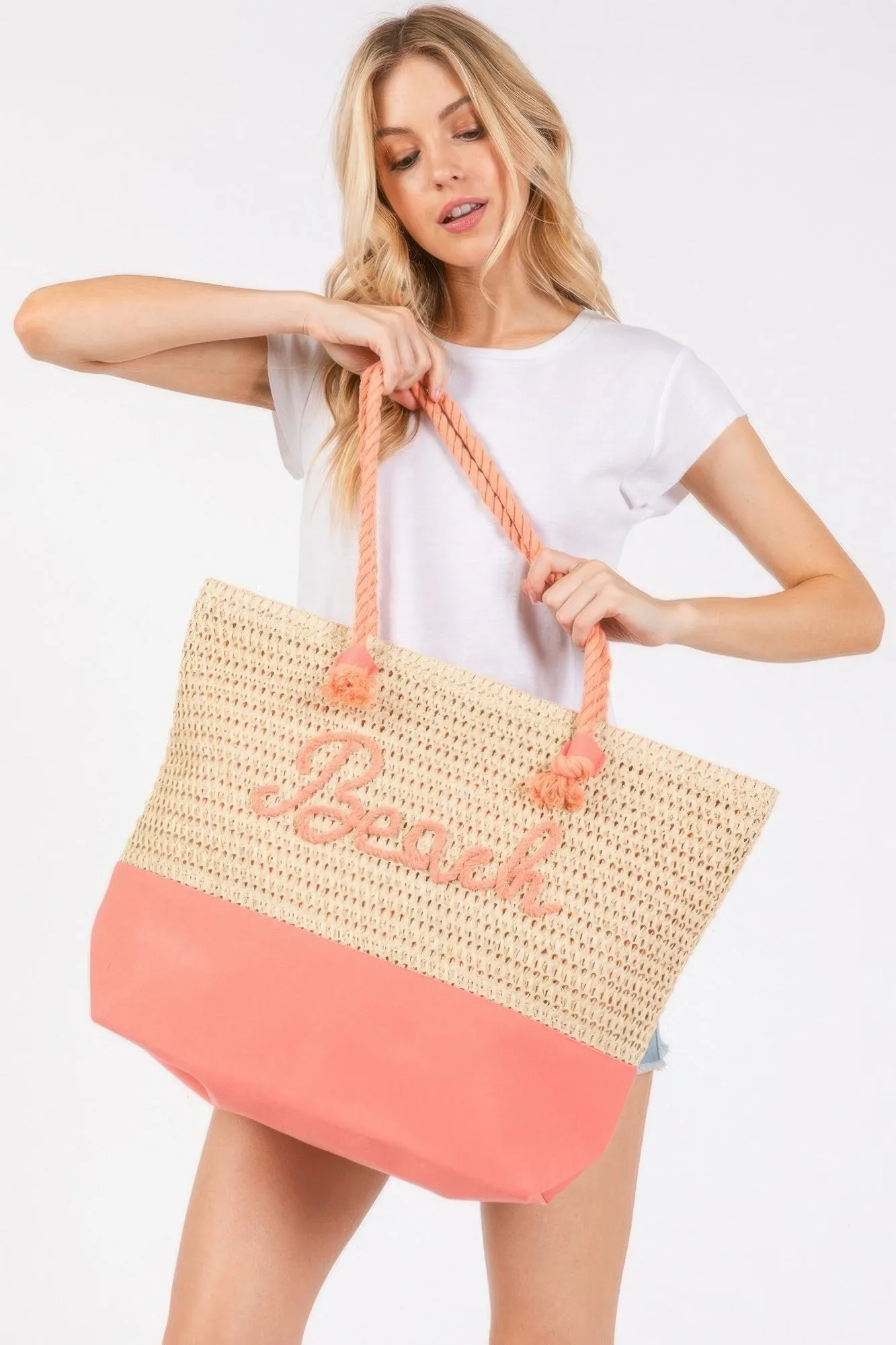 Color Sewn Rope Beach Letter And Strap Crochet Fabric Tote