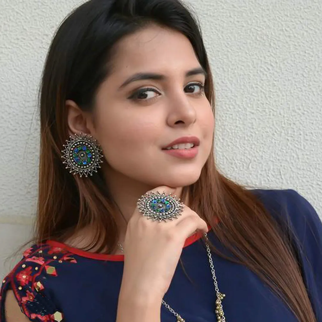 Combo of Multicolor Stones Stud Earrings With Ring