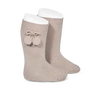 Condor - Warm Cotton Knee-High Pom Pom Socks - Stone
