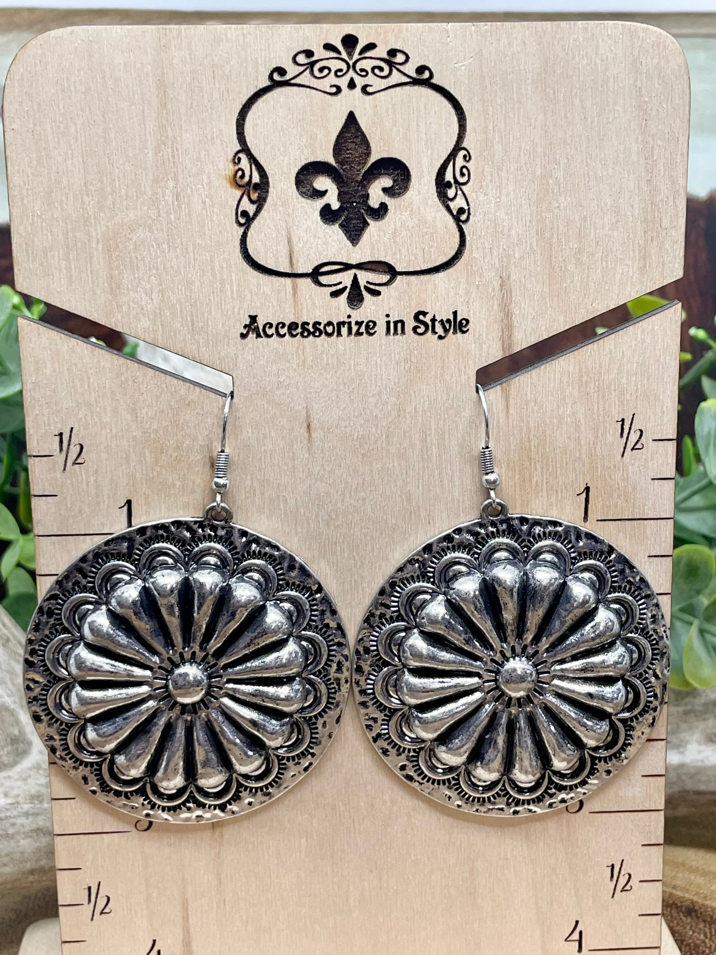 Cooper Round Stamped Concho Fish Hook Earrings - Silver