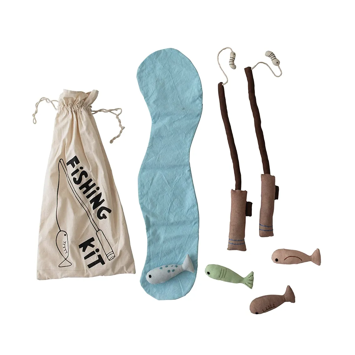 Creative Co-Op Handmade Canvas Fishing Kit with Embroidery, Set of 7 Pieces in Drawstring Bag
