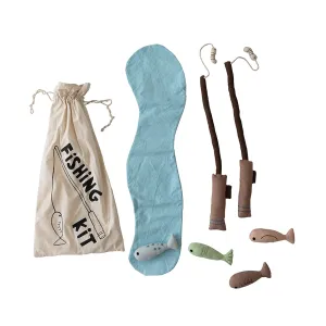 Creative Co-Op Handmade Canvas Fishing Kit with Embroidery, Set of 7 Pieces in Drawstring Bag