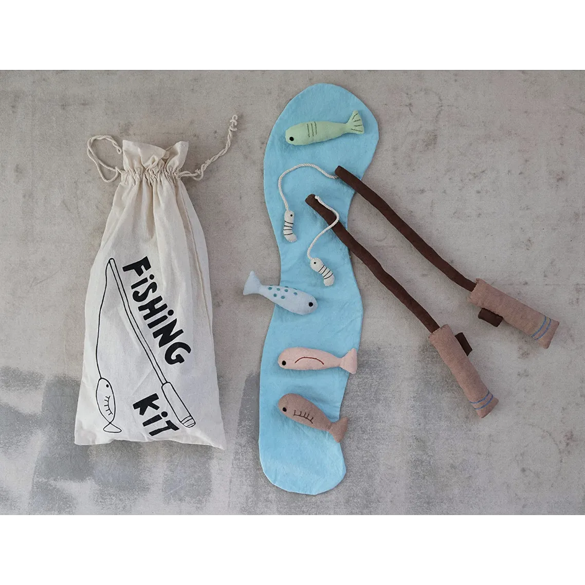 Creative Co-Op Handmade Canvas Fishing Kit with Embroidery, Set of 7 Pieces in Drawstring Bag
