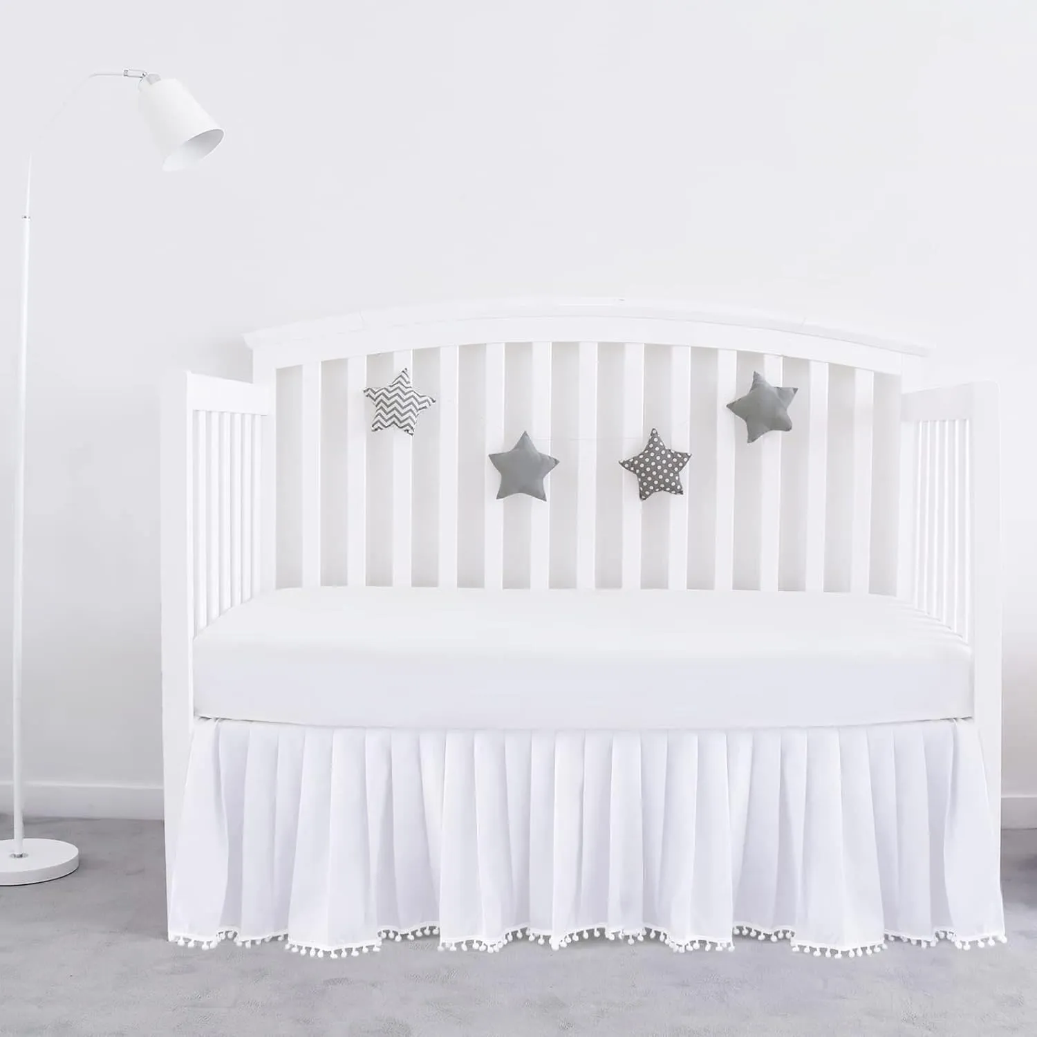 Crib Skirt with Tassel Dust Ruffled 14" Drop White Solid Color Neutral