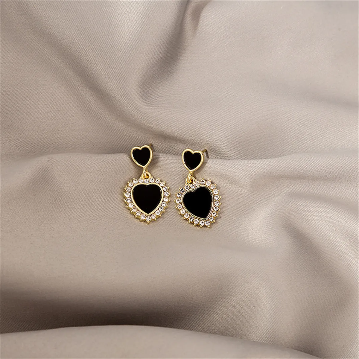 Cubic Zirconia & Black Acrylic Double Heart Drop Earrings