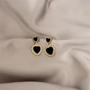 Cubic Zirconia & Black Acrylic Double Heart Drop Earrings