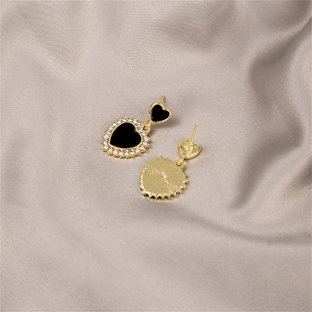Cubic Zirconia & Black Acrylic Double Heart Drop Earrings