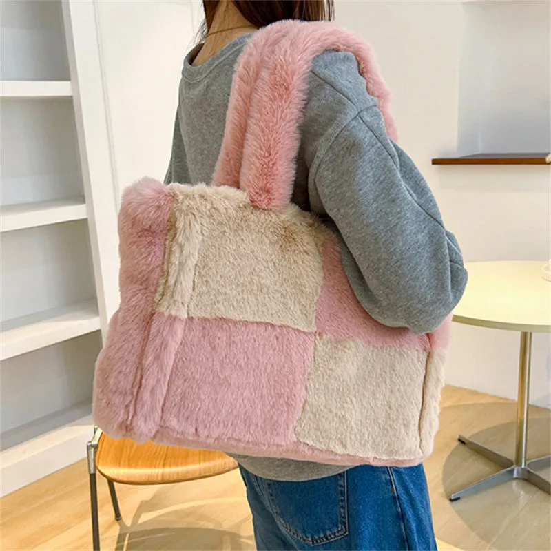 Cute Contrast Color Shearling Handbags For Women