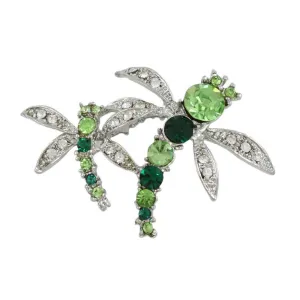 Dark and Light Green Crystal Dragonflies Brooch Pin - PRI978F