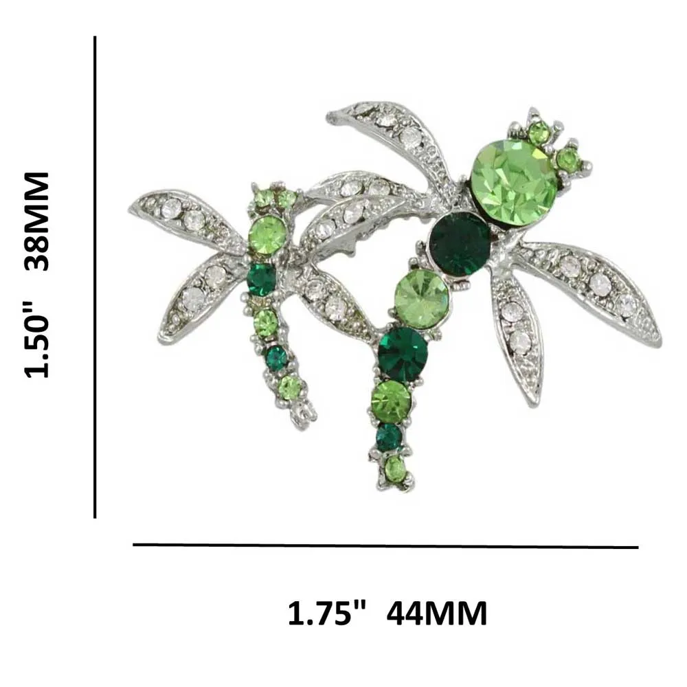 Dark and Light Green Crystal Dragonflies Brooch Pin - PRI978F