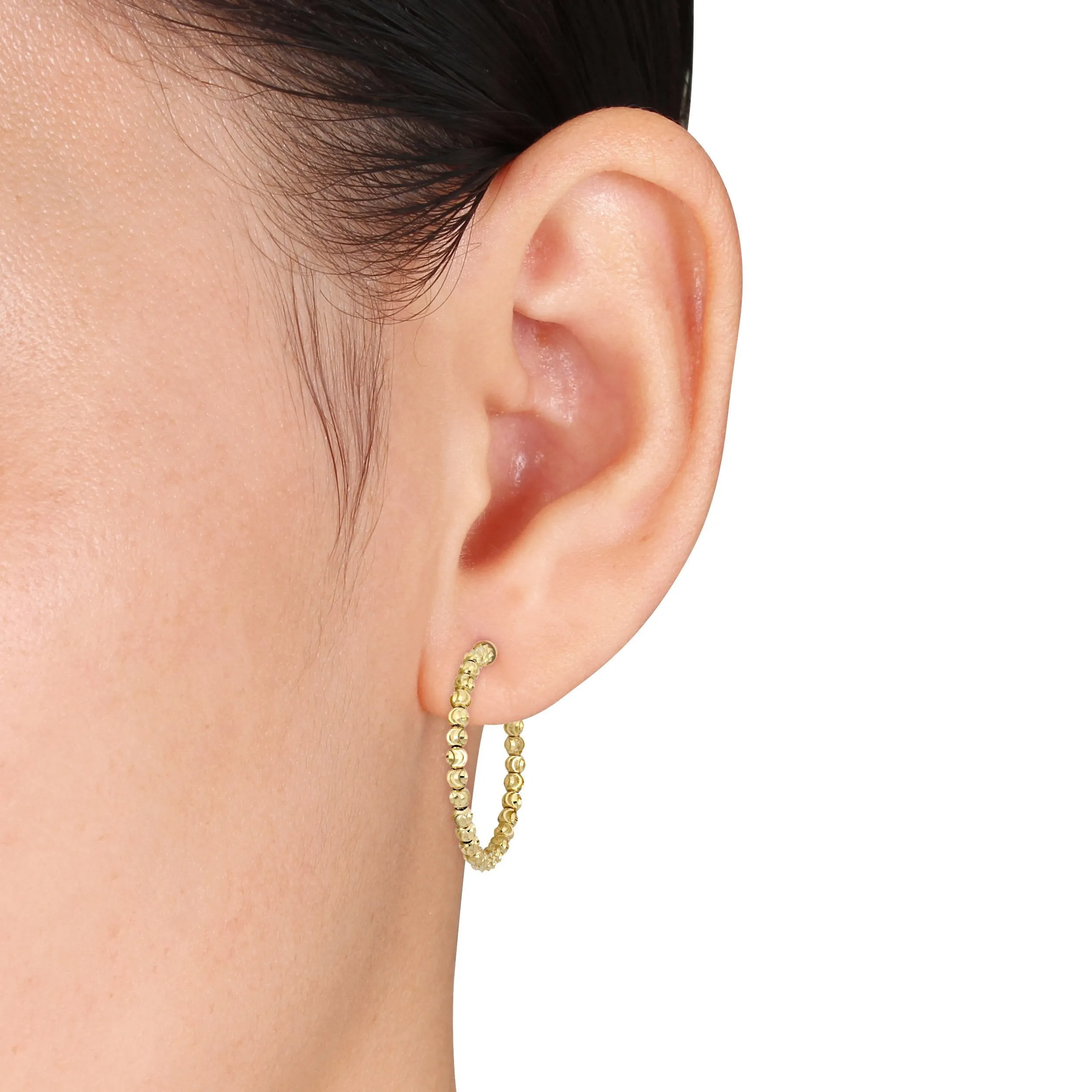 Diamond Cut Bead Hoop Earrings 18K Yellow Gold