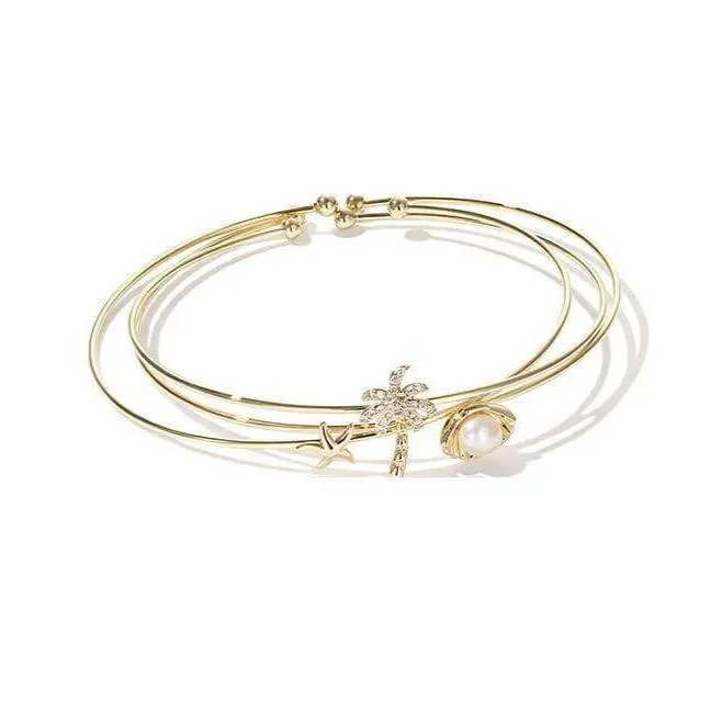 Diamond Multi-loop Pearl Flower Studded Bracelet