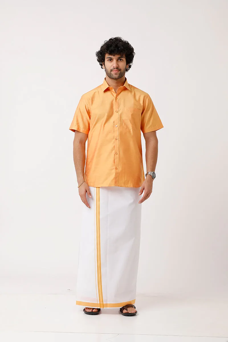 Divine - Golden Yellow Cotton Blend Single Layered Dhoti With Fancy Borders For Men | Uathayam