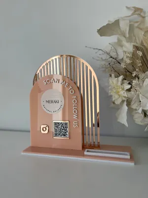 Double Arched Logo   Single QR and Card Holder (scan me to follow us)