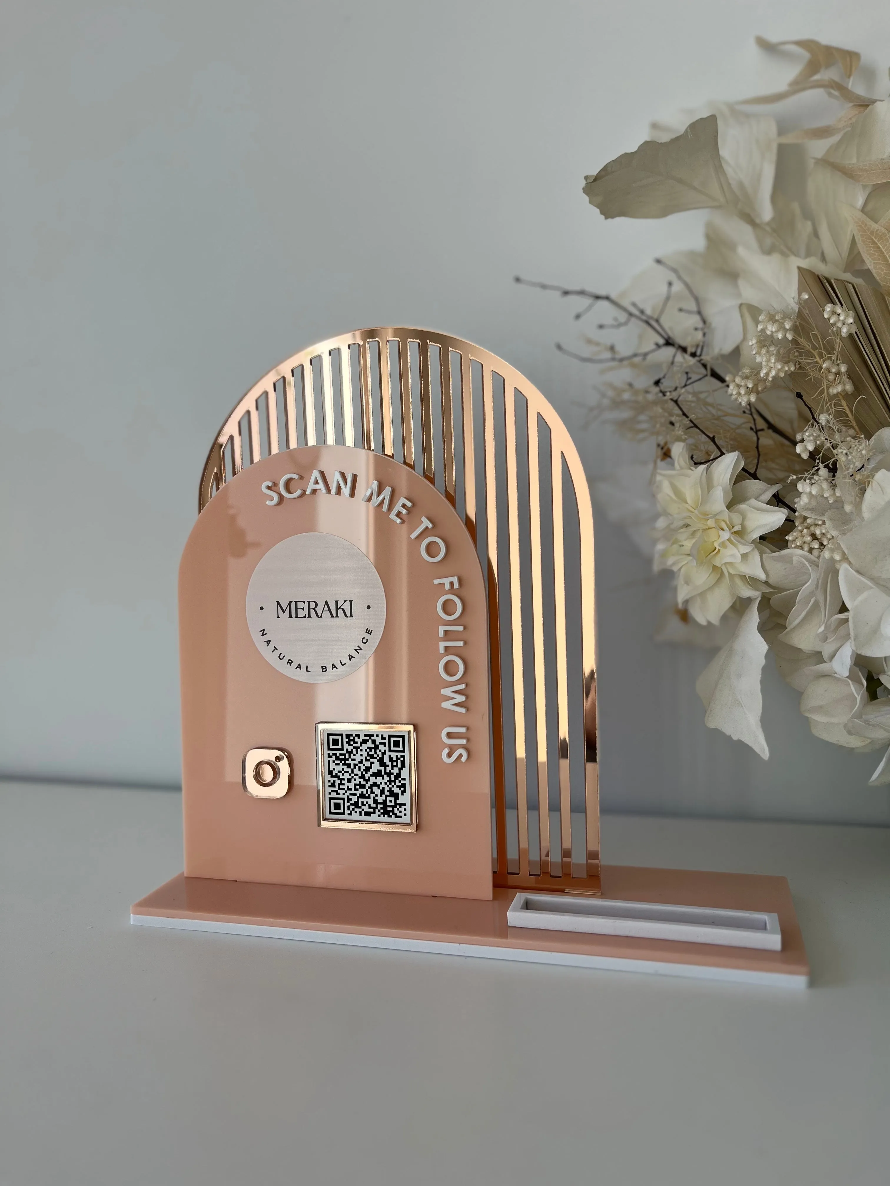 Double Arched Logo   Single QR and Card Holder (scan me to follow us)