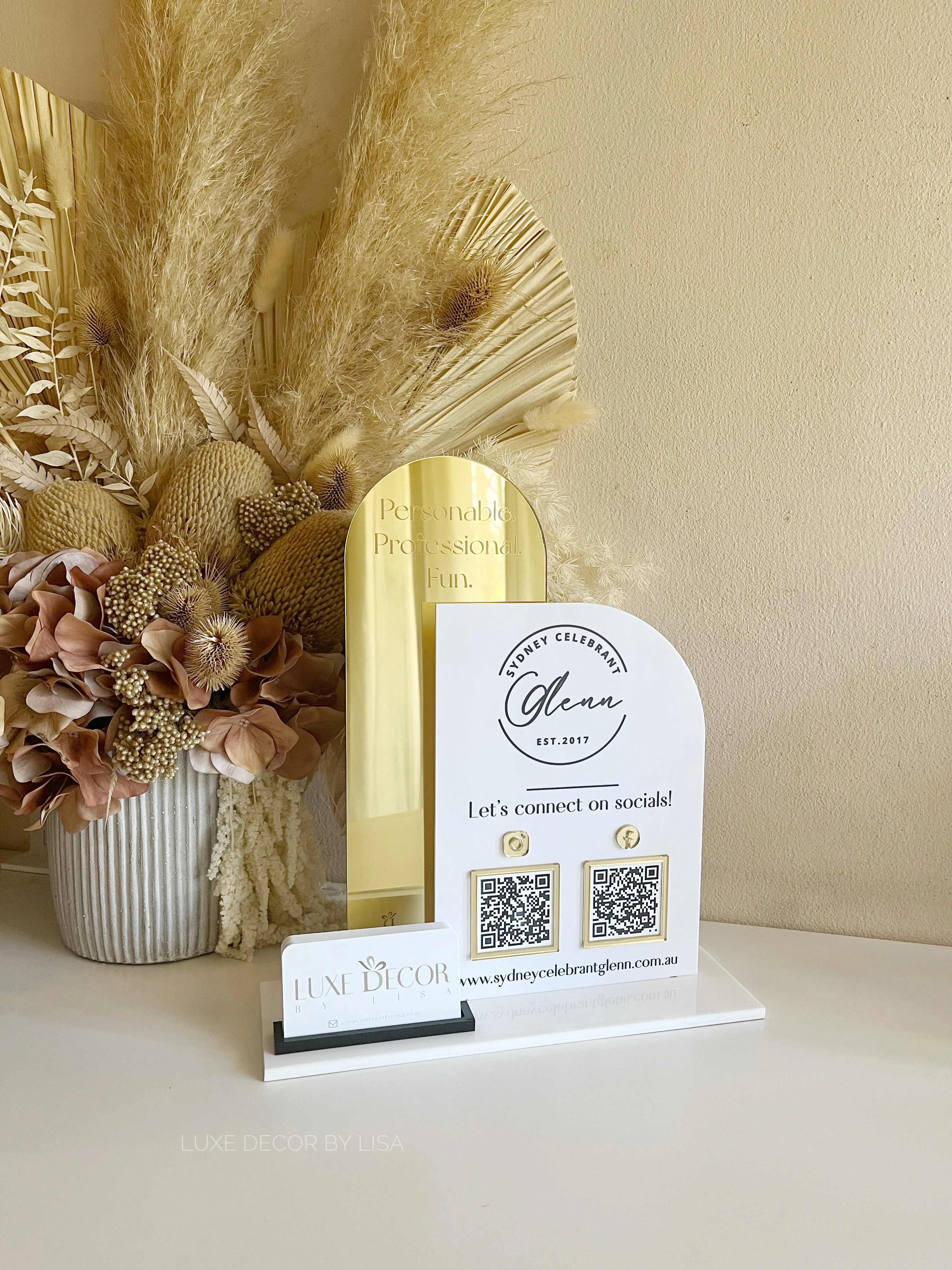 Double Shaped Logo, QR’s, Website   Cardholder Sign