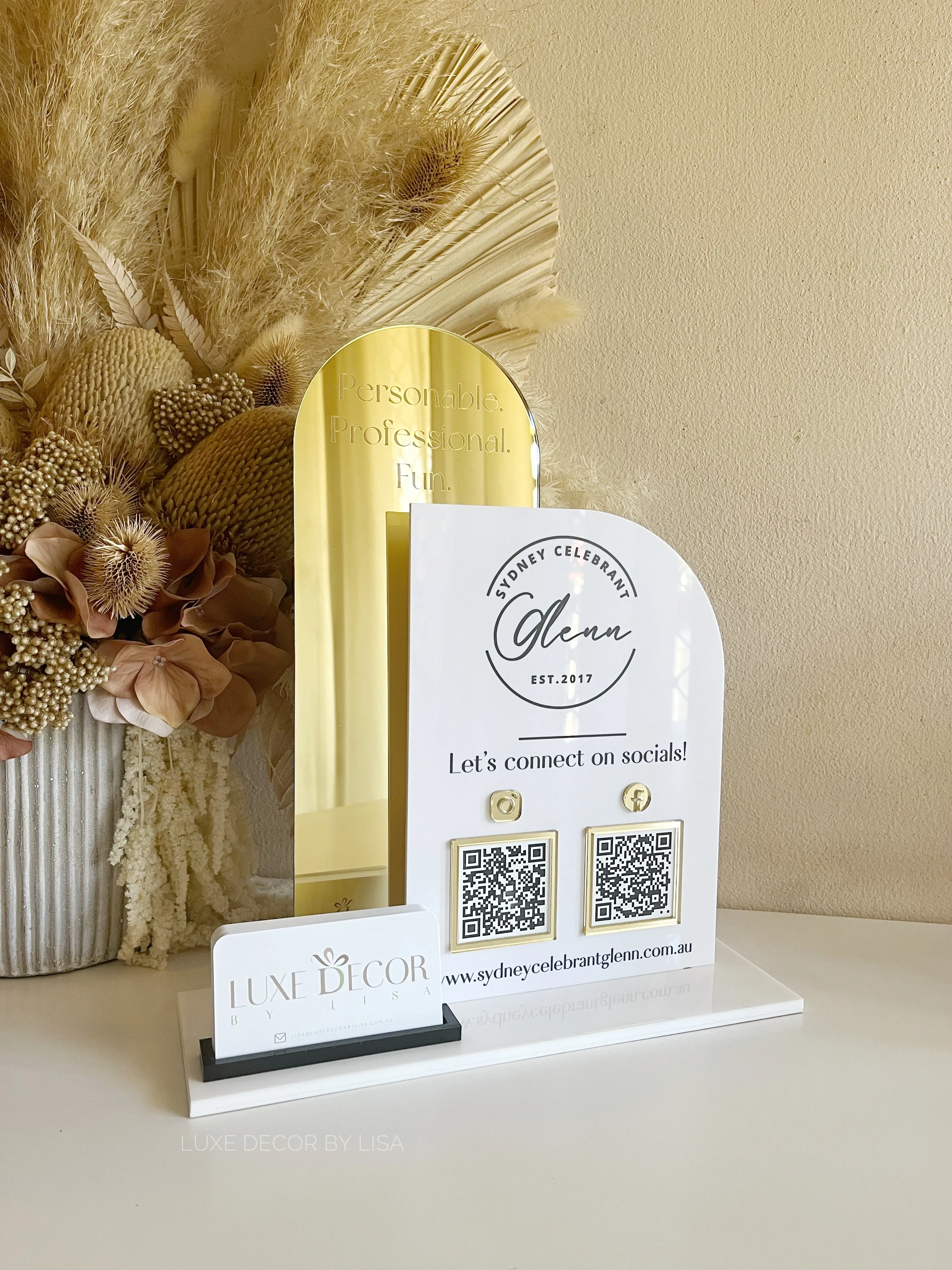 Double Shaped Logo, QR’s, Website   Cardholder Sign