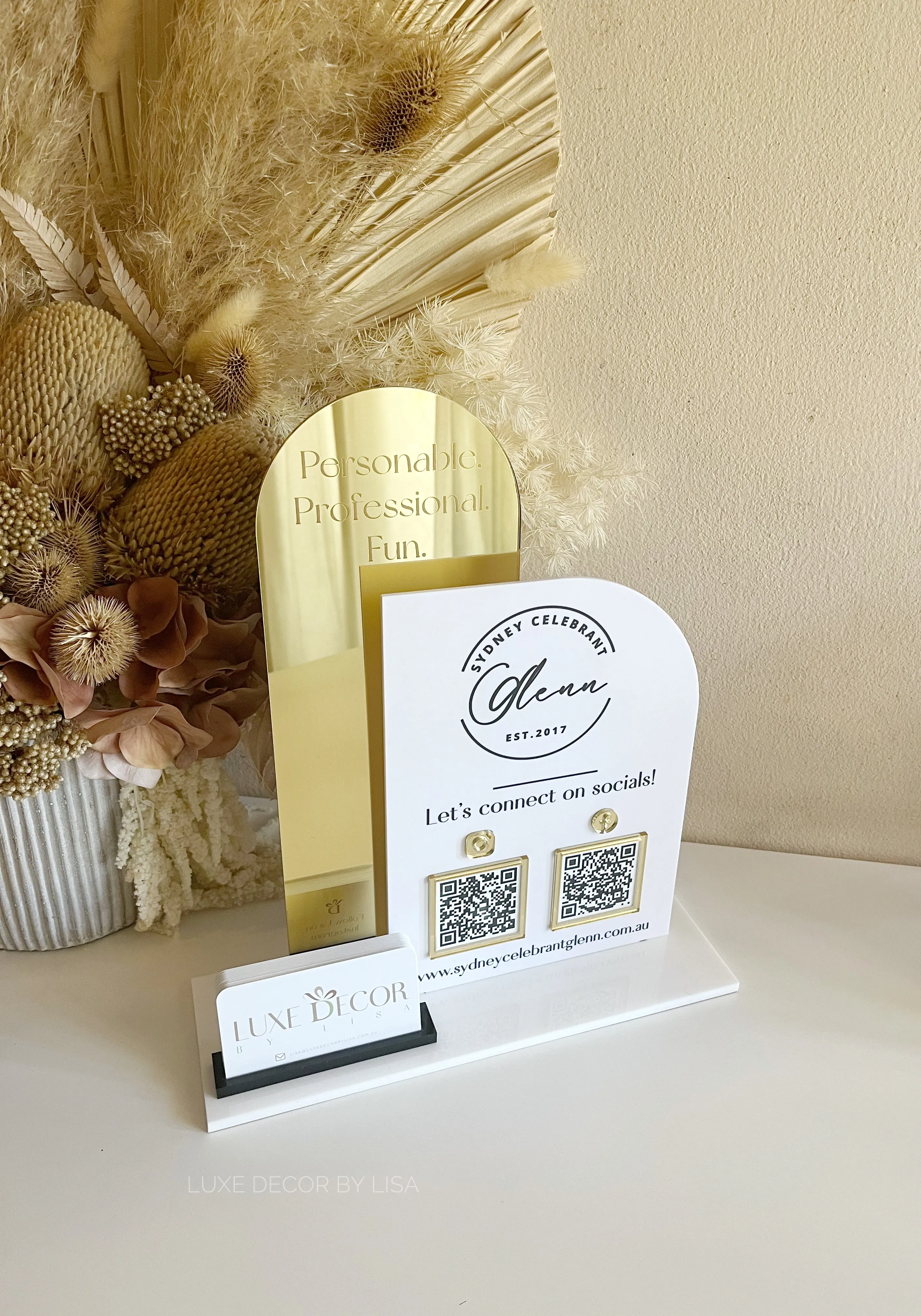 Double Shaped Logo, QR’s, Website   Cardholder Sign