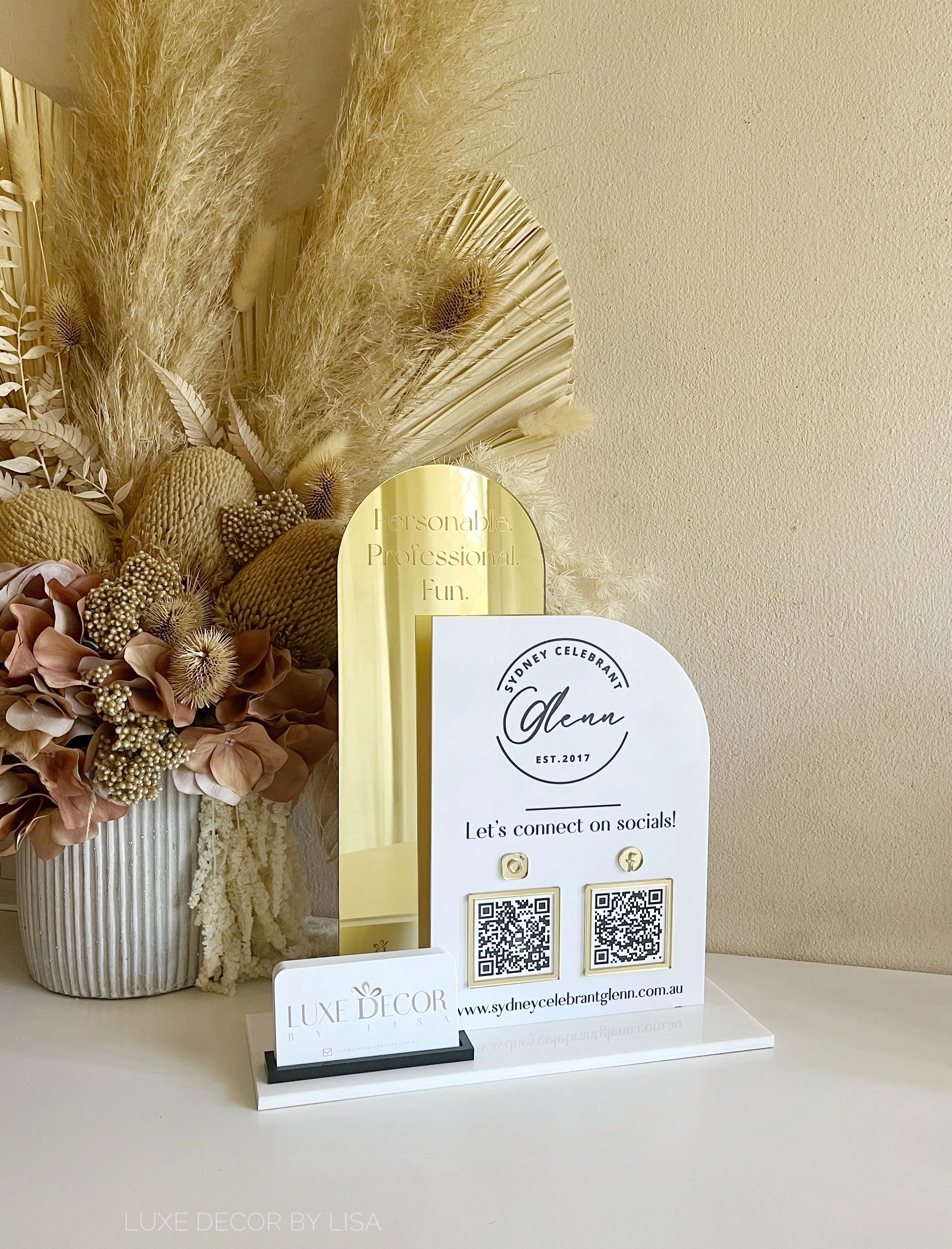 Double Shaped Logo, QR’s, Website   Cardholder Sign