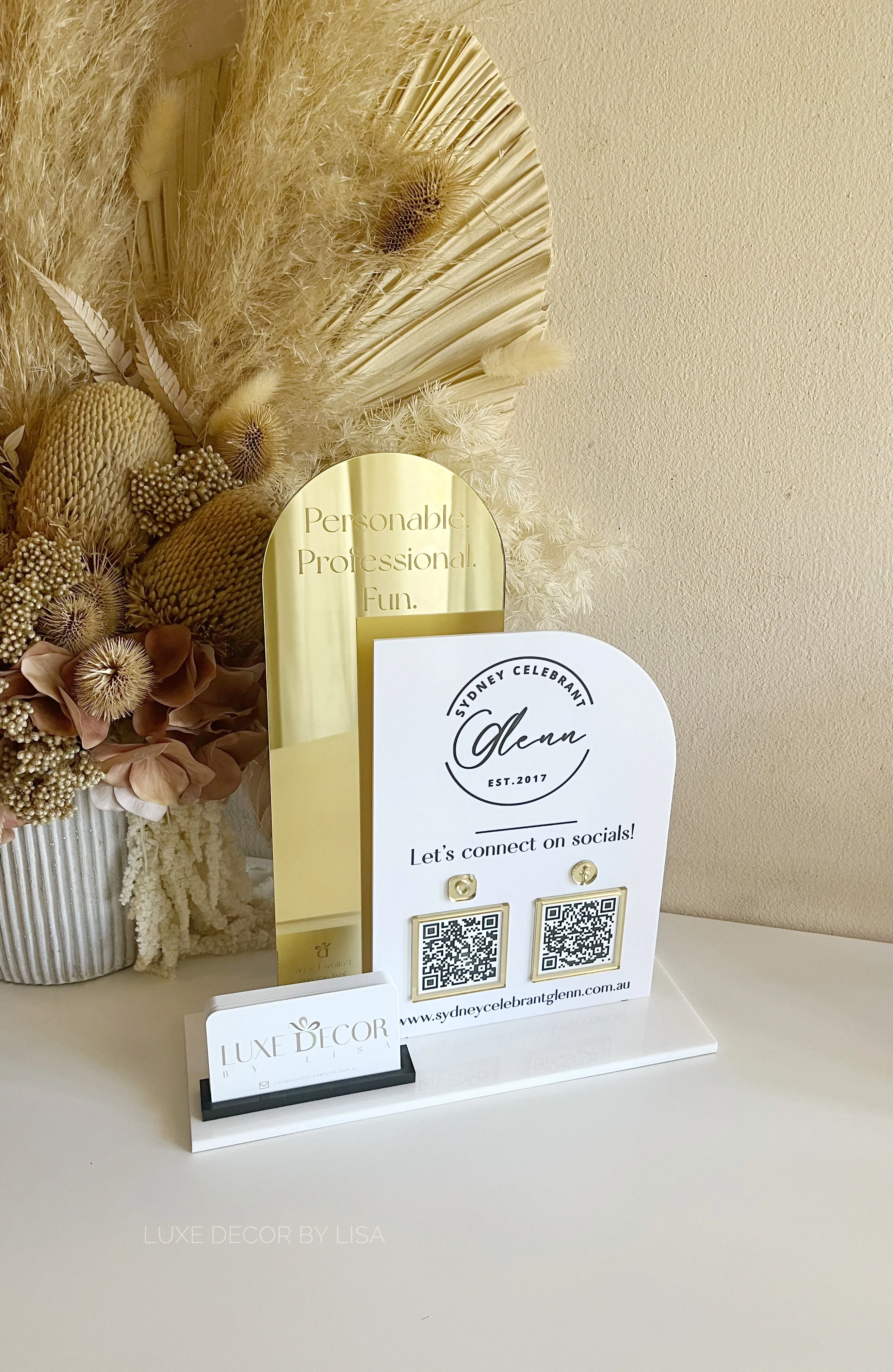 Double Shaped Logo, QR’s, Website   Cardholder Sign