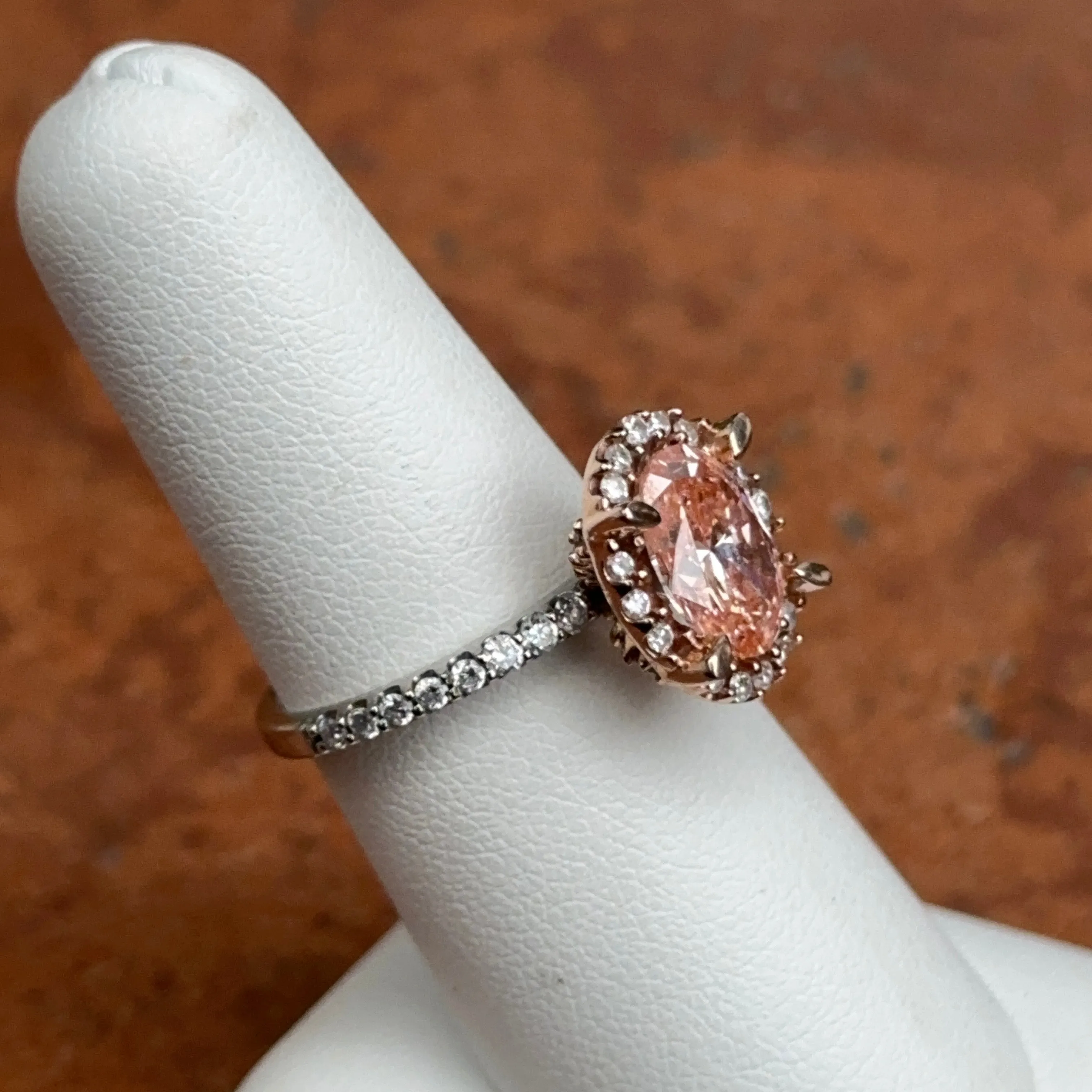 Estate 14KT Rose Gold Pink Oval 2 Carat Diamond Halo Ring