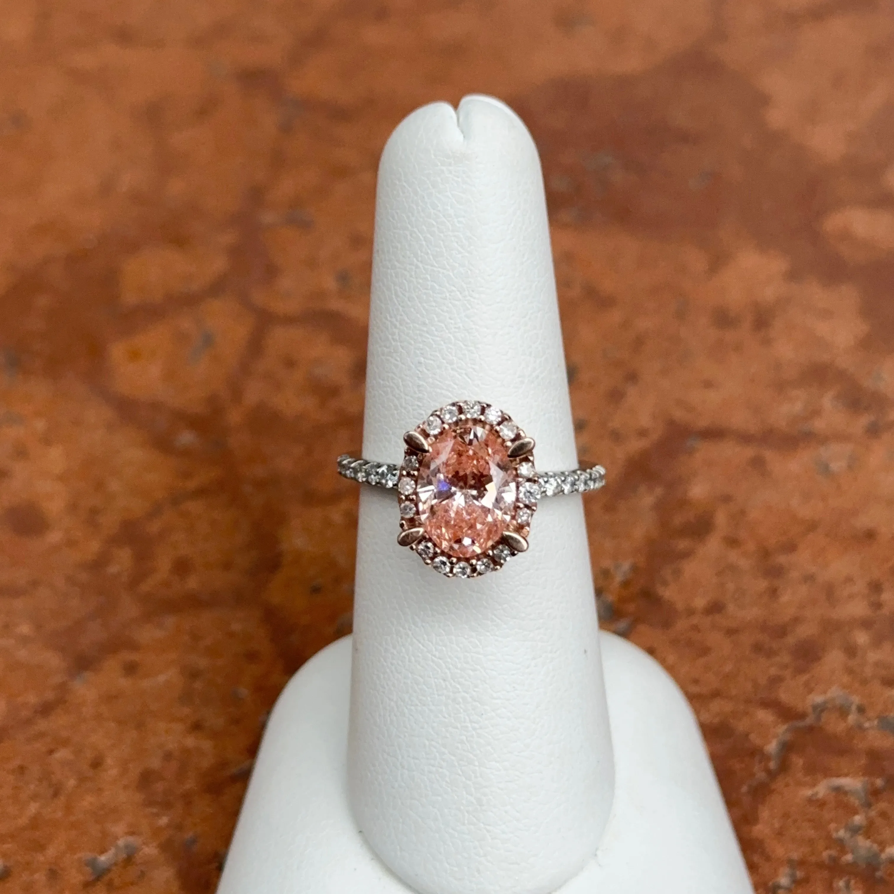 Estate 14KT Rose Gold Pink Oval 2 Carat Diamond Halo Ring