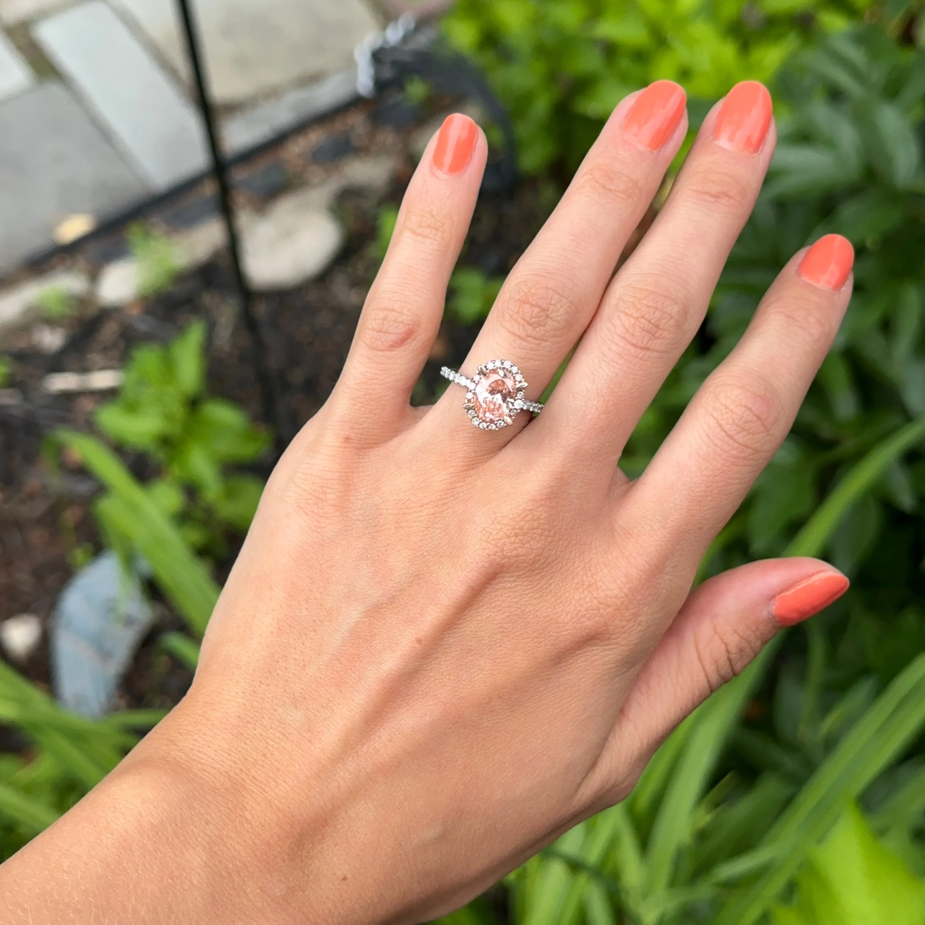 Estate 14KT Rose Gold Pink Oval 2 Carat Diamond Halo Ring