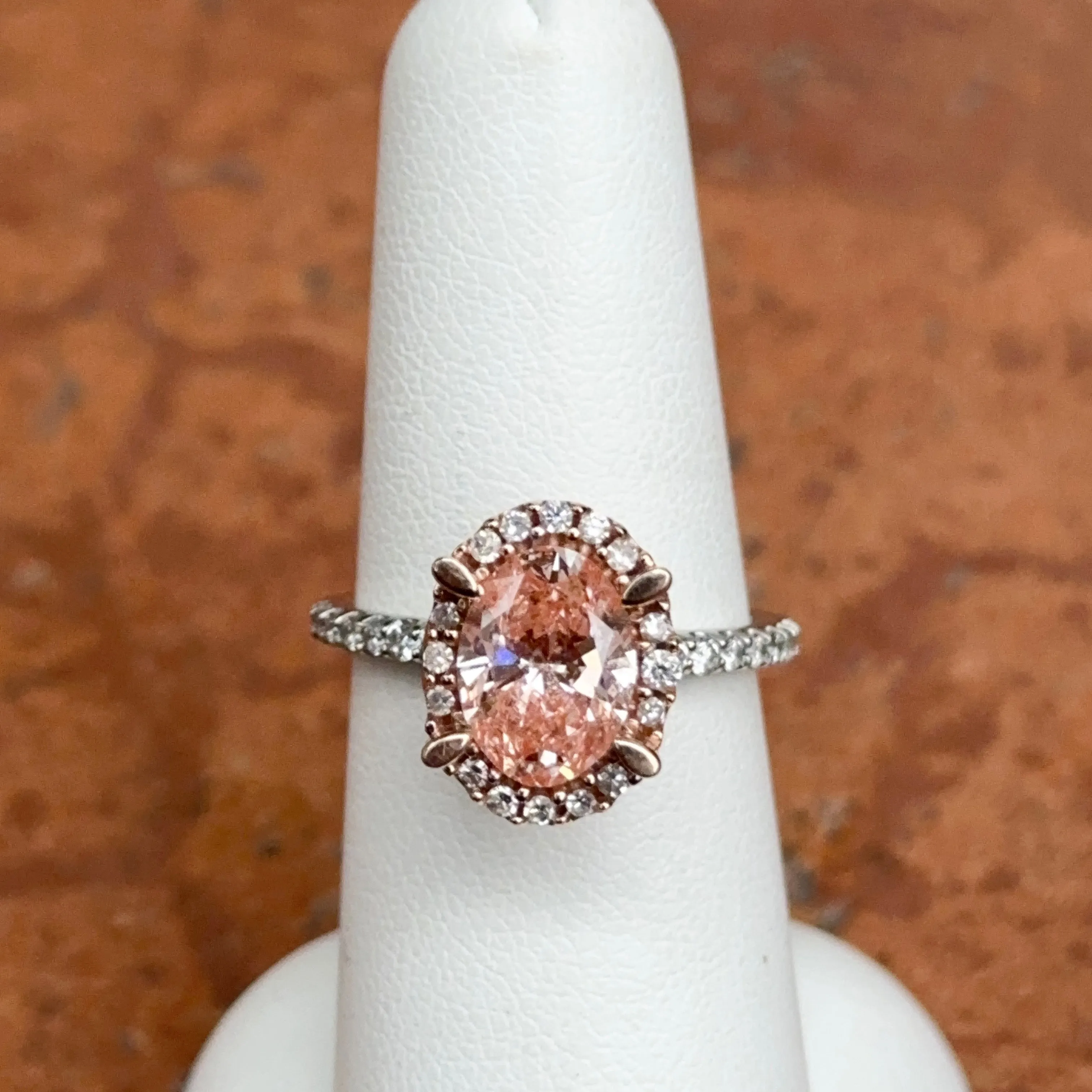 Estate 14KT Rose Gold Pink Oval 2 Carat Diamond Halo Ring