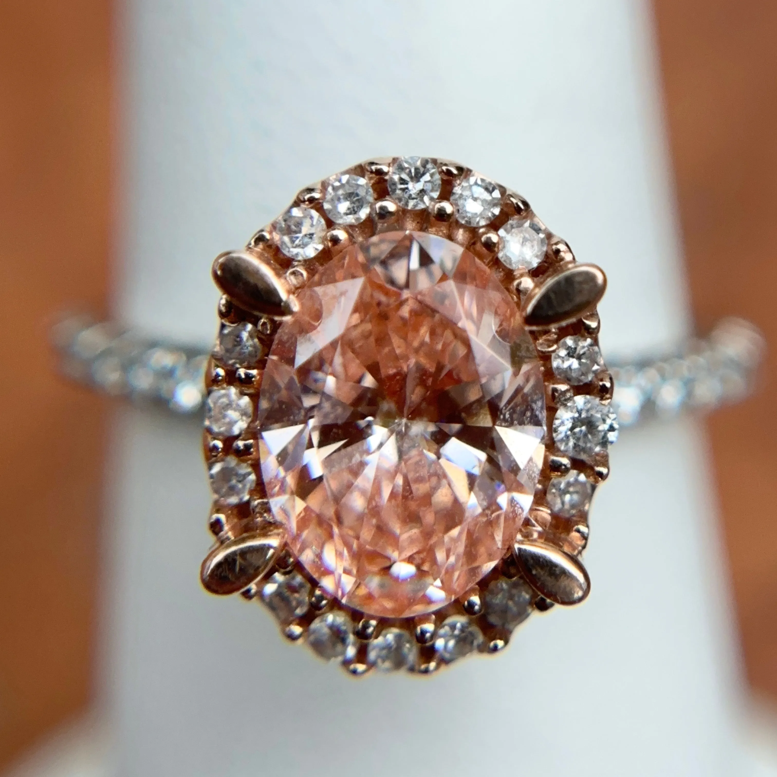 Estate 14KT Rose Gold Pink Oval 2 Carat Diamond Halo Ring