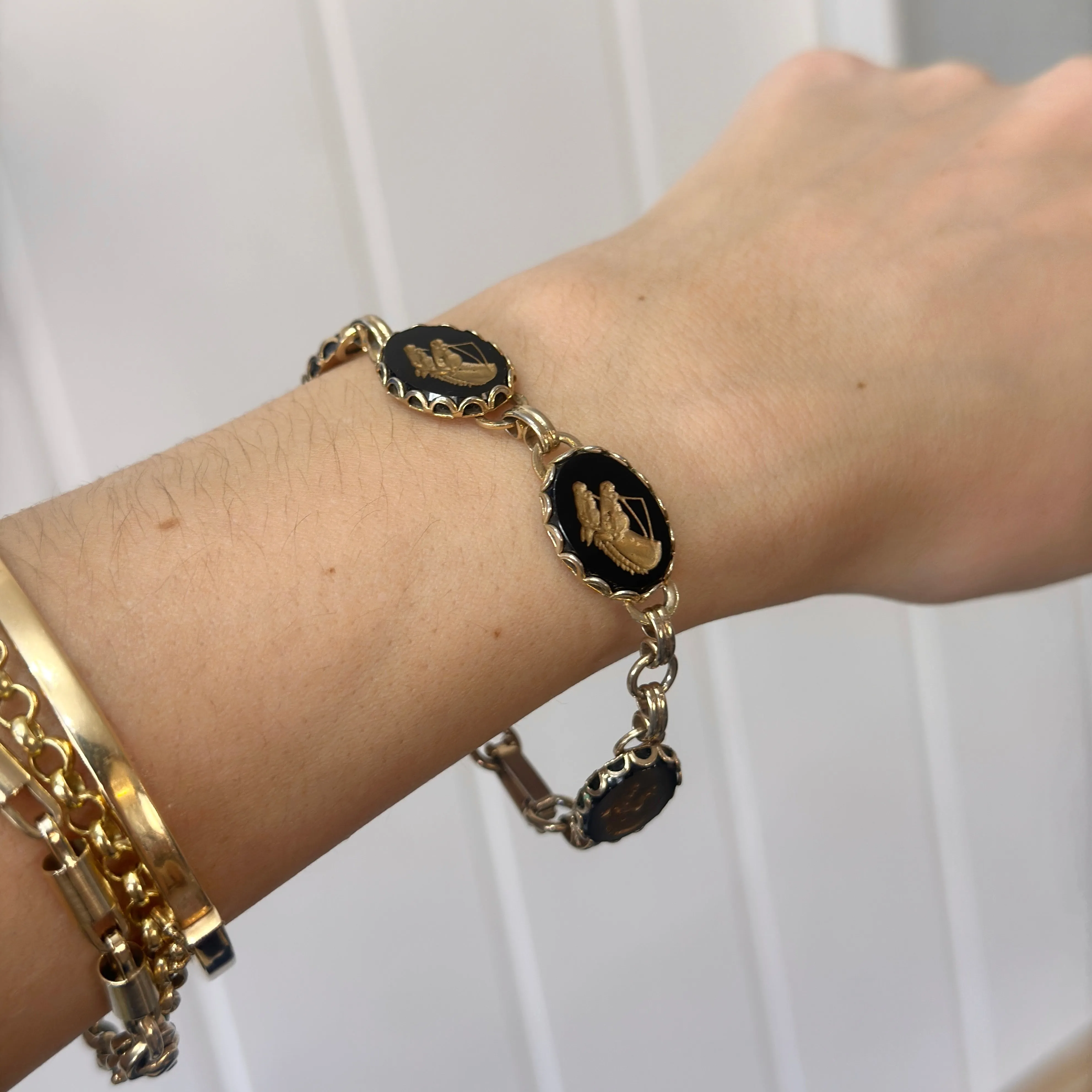 Estate Onyx Yellow Gold-Tone Horse Head Bracelet