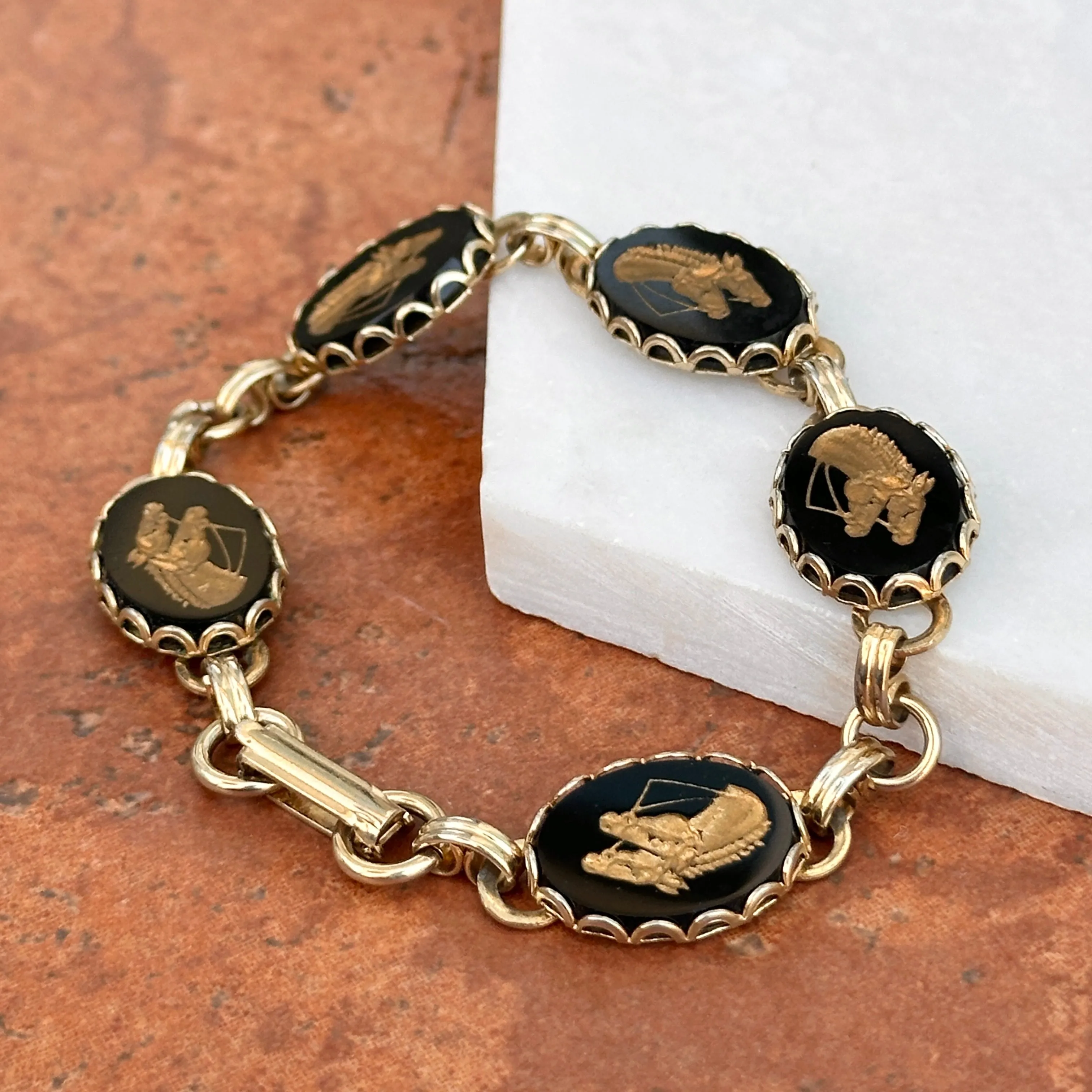 Estate Onyx Yellow Gold-Tone Horse Head Bracelet