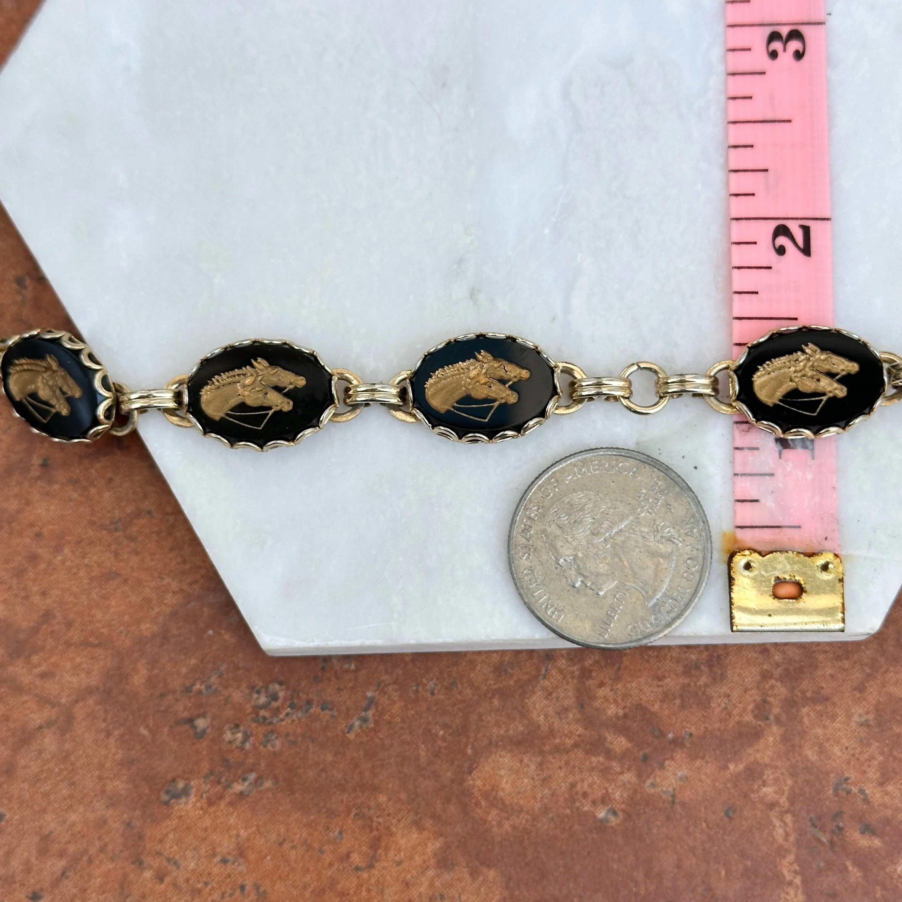 Estate Onyx Yellow Gold-Tone Horse Head Bracelet