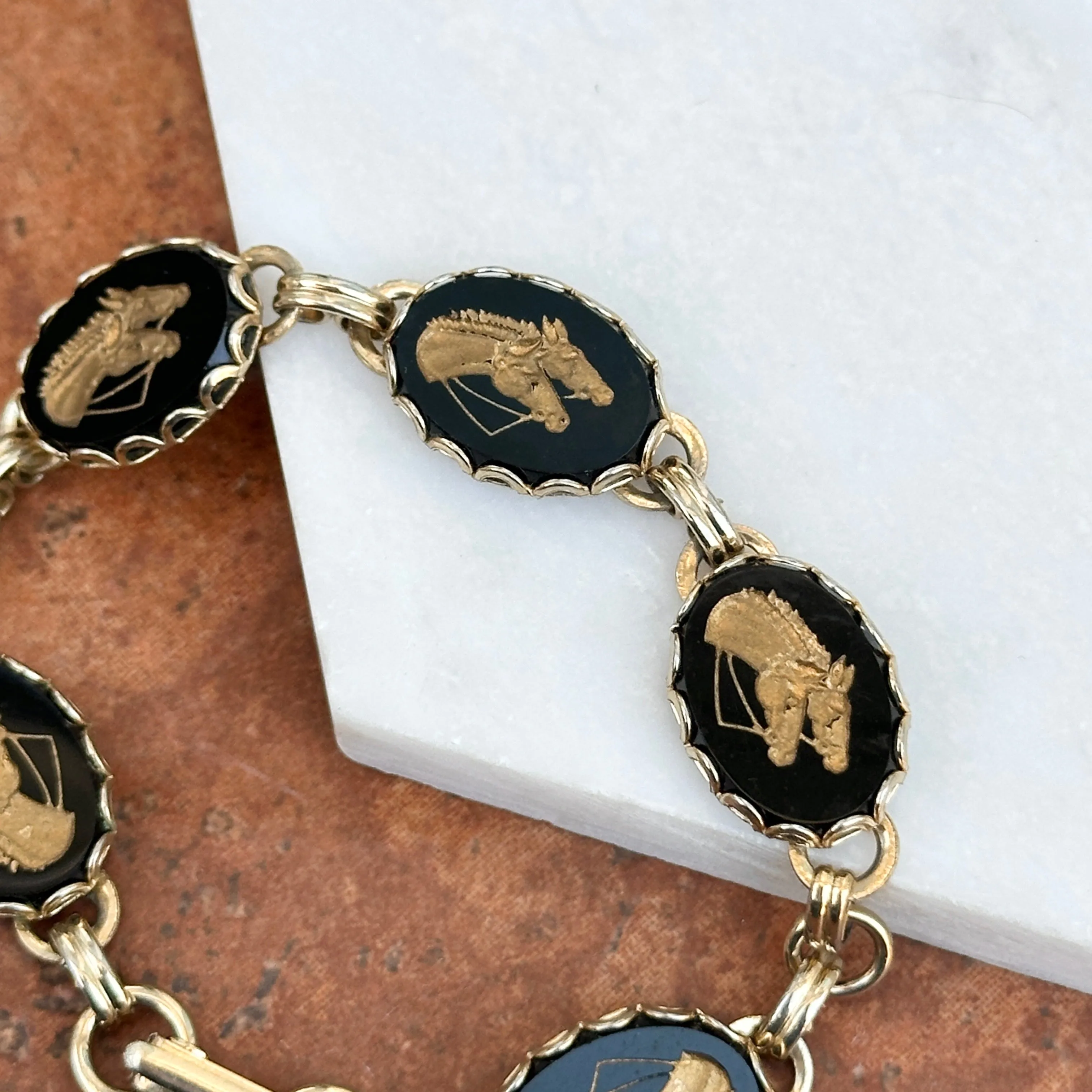 Estate Onyx Yellow Gold-Tone Horse Head Bracelet