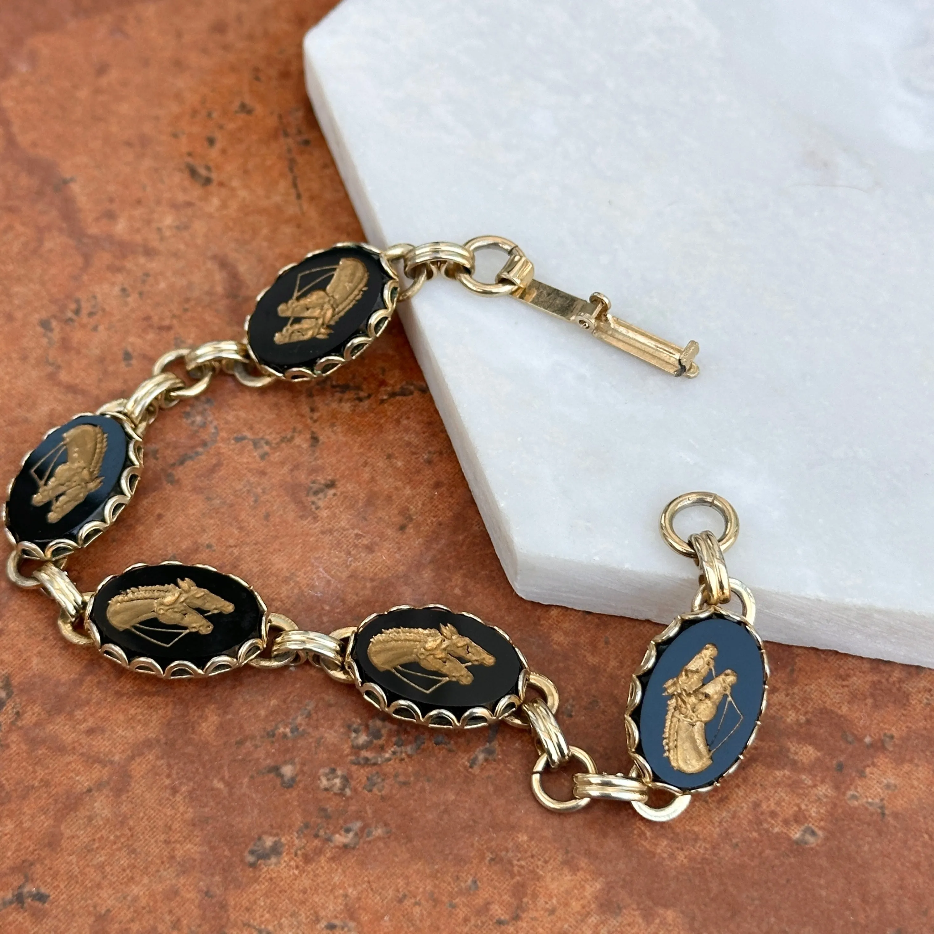 Estate Onyx Yellow Gold-Tone Horse Head Bracelet