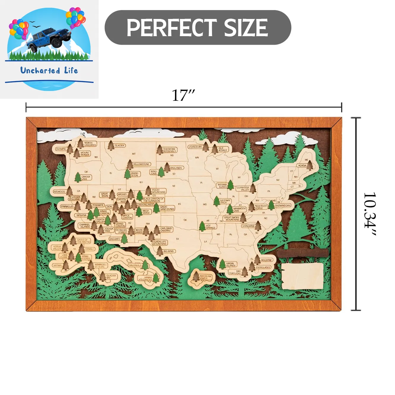 Explore & Display: Wooden US National Parks Map with Pine Tree Pins