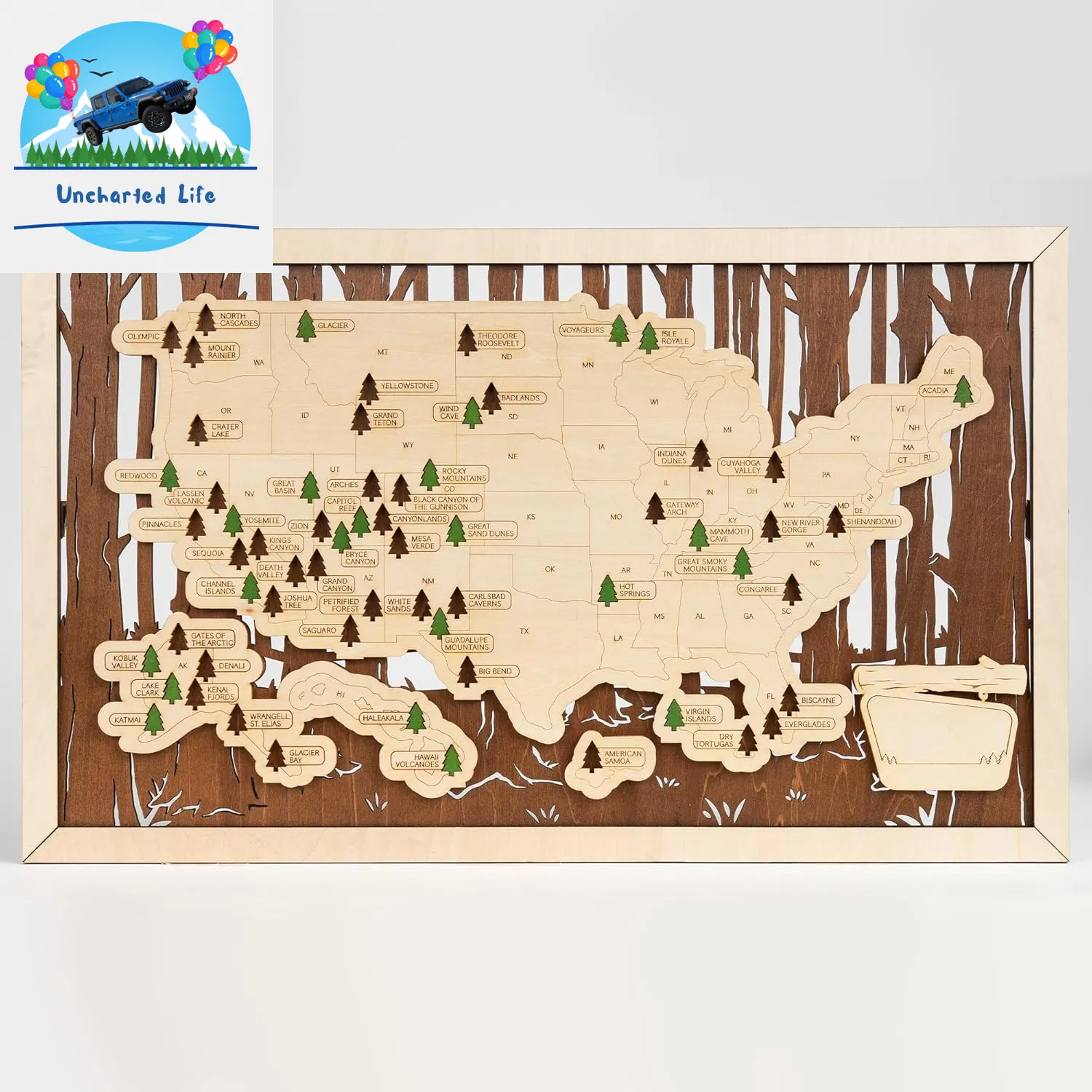 Explore & Display: Wooden US National Parks Map with Pine Tree Pins