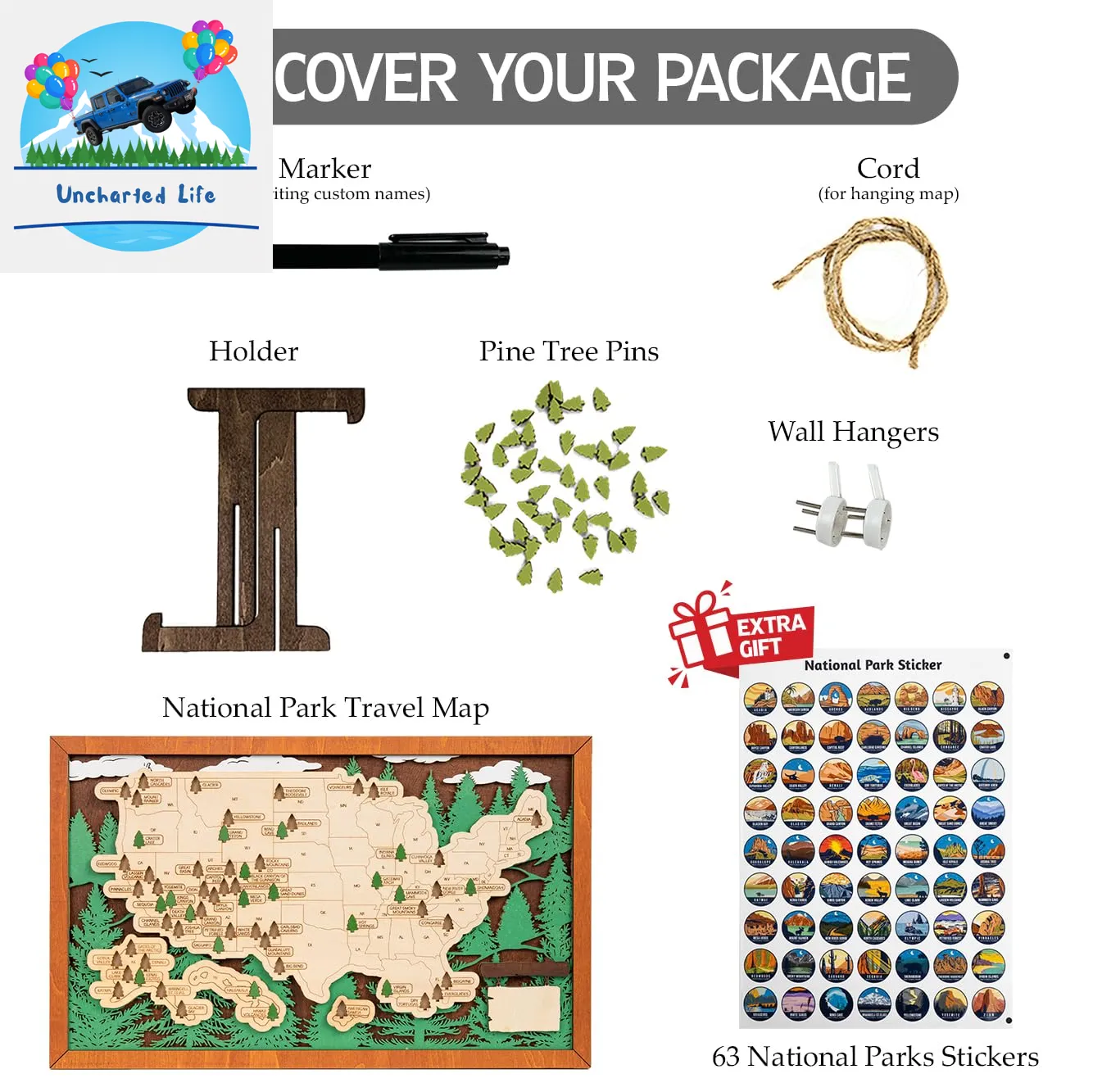 Explore & Display: Wooden US National Parks Map with Pine Tree Pins