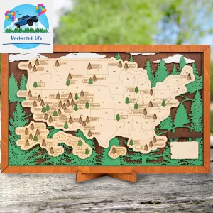 Explore & Display: Wooden US National Parks Map with Pine Tree Pins