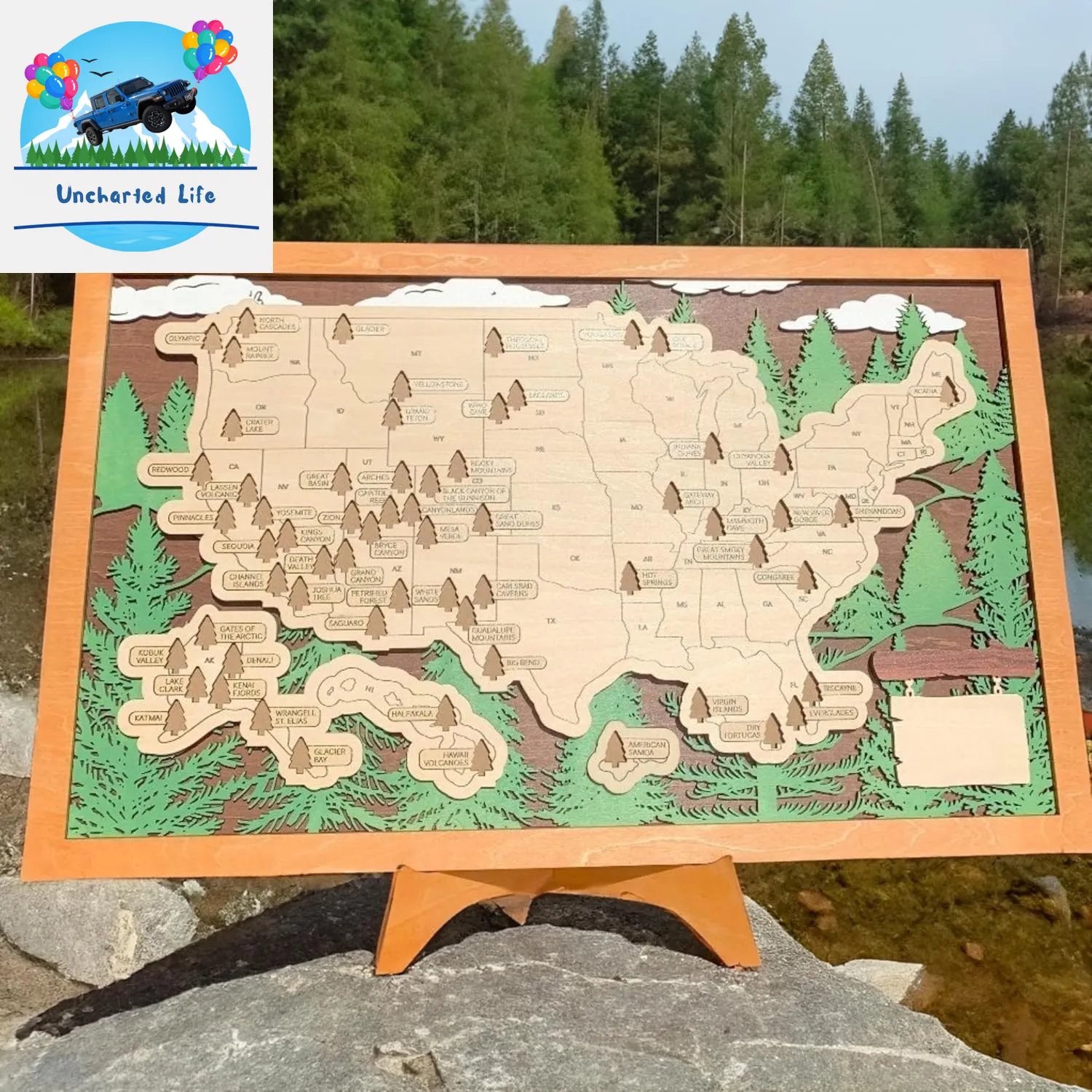 Explore & Display: Wooden US National Parks Map with Pine Tree Pins