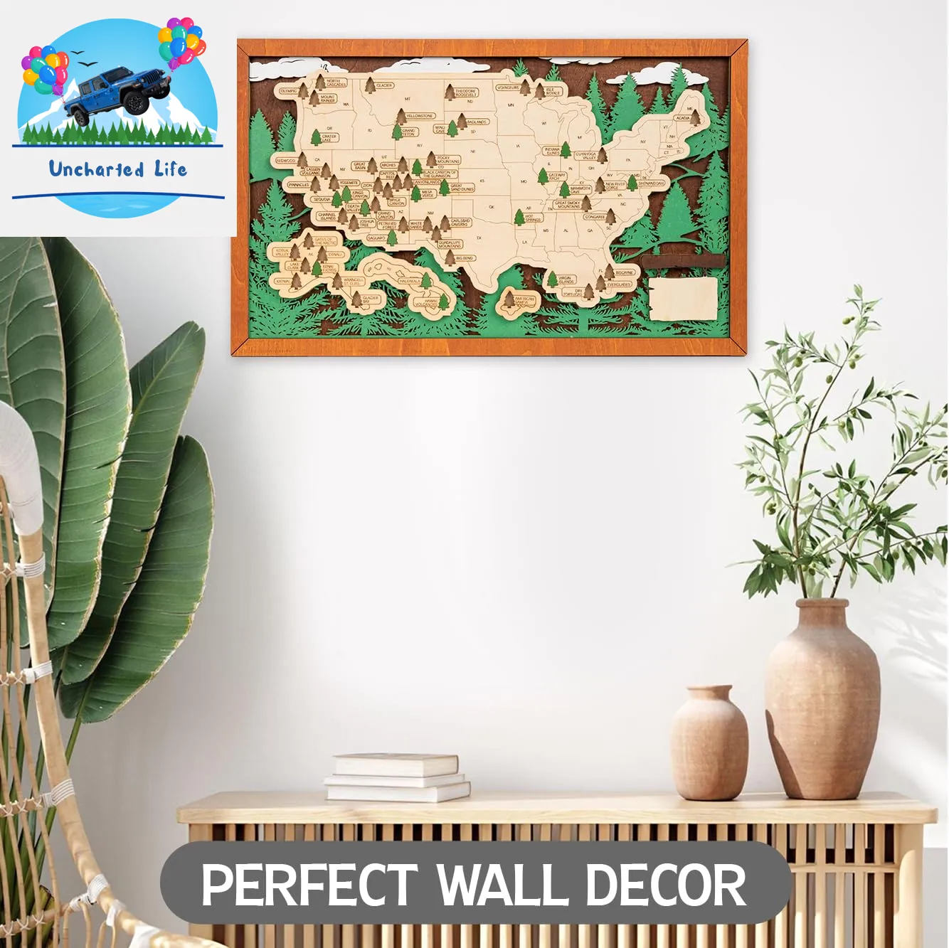 Explore & Display: Wooden US National Parks Map with Pine Tree Pins