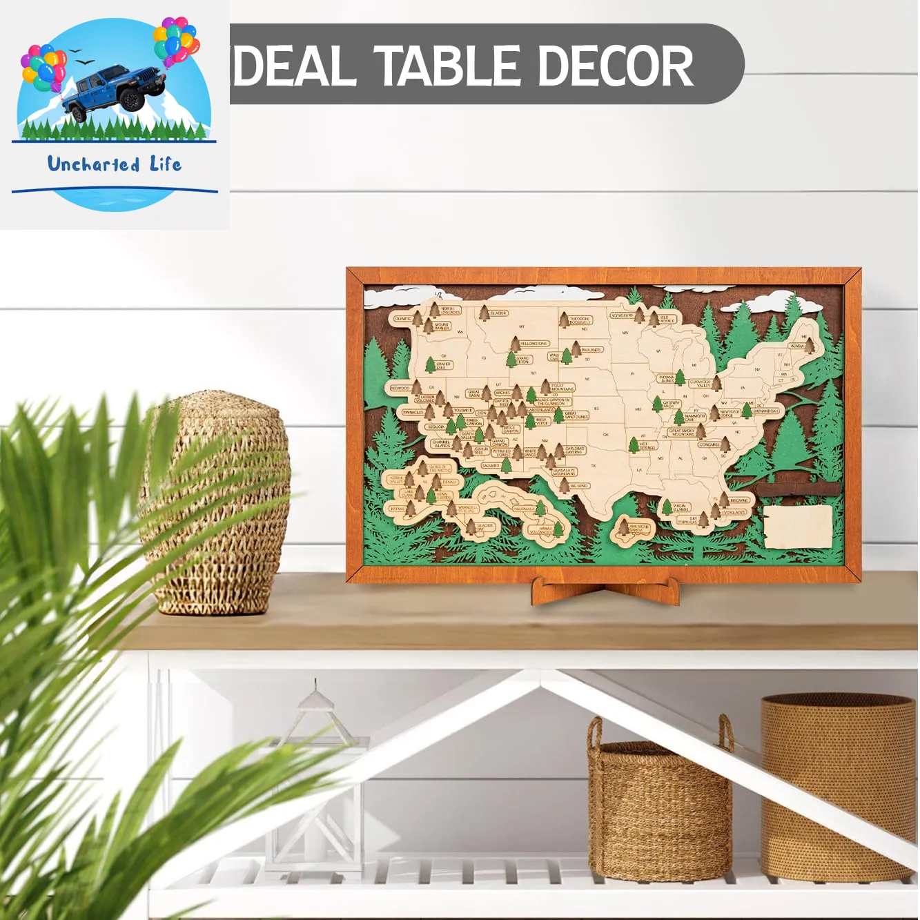 Explore & Display: Wooden US National Parks Map with Pine Tree Pins