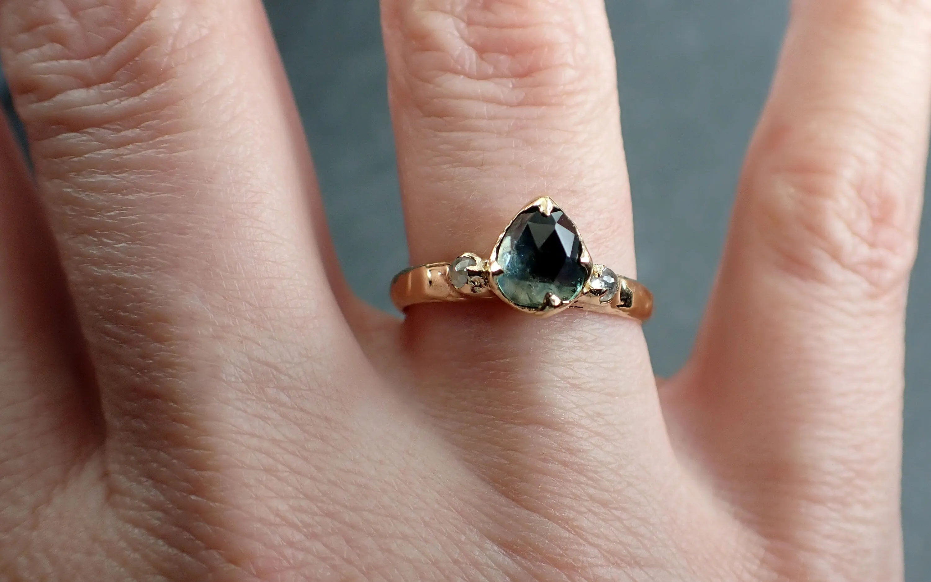 fancy cut blue green montana sapphire and fancy cut diamonds 18k yellow gold engagement wedding ring gemstone ring multi stone ring 2908 Alternative Engagement