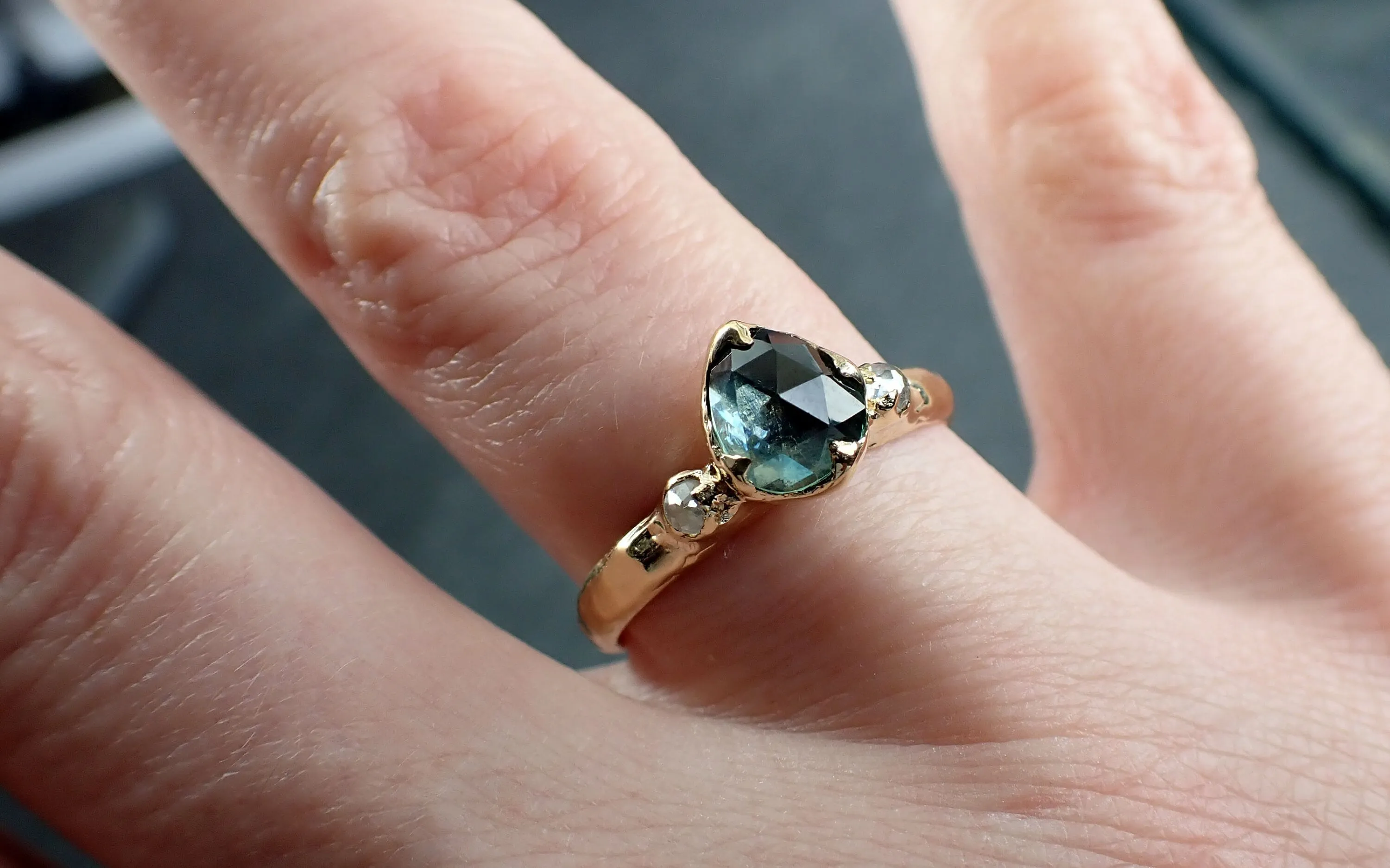 fancy cut blue green montana sapphire and fancy cut diamonds 18k yellow gold engagement wedding ring gemstone ring multi stone ring 2908 Alternative Engagement